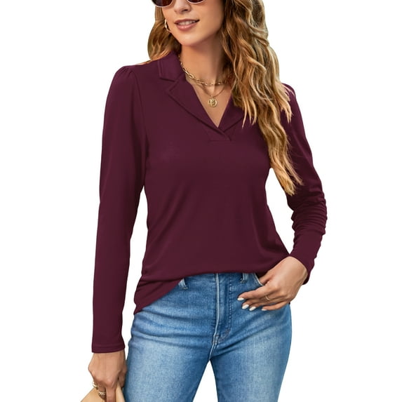 Gemono Womens Long Sleeve Polo Shirts Business Casual V Neck Lapel Tops Dressy Work Tunic Blouses
