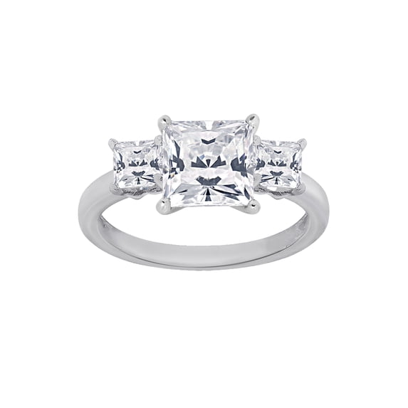 Gemour Rhodium Plated Sterling Silver 3 ct Princess Cut Cubic Zirconia 3-Stone Ring, Size 8