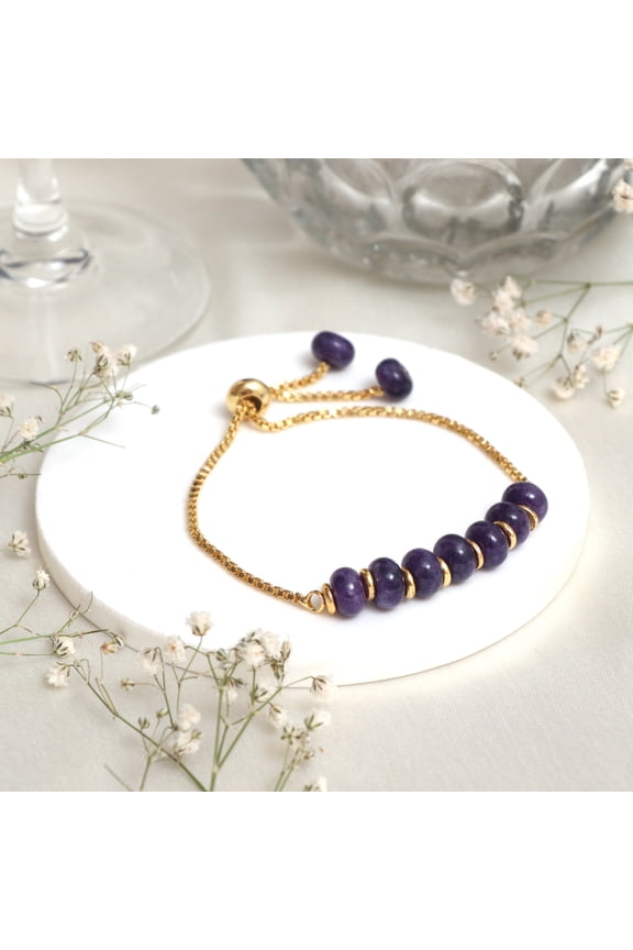 Amethyst Rondelle Beads Bracelet, 14k Gold Plated, Adjustable Bracelets for Girls