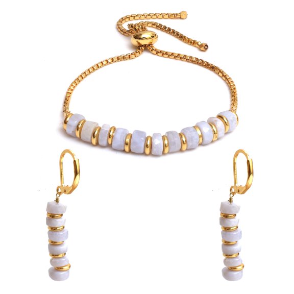 Gempires Blue Lace Agate Jewelry Sets for Women, Heishi Beads 14K Gold-Plated Bracelet and Earrings Combo