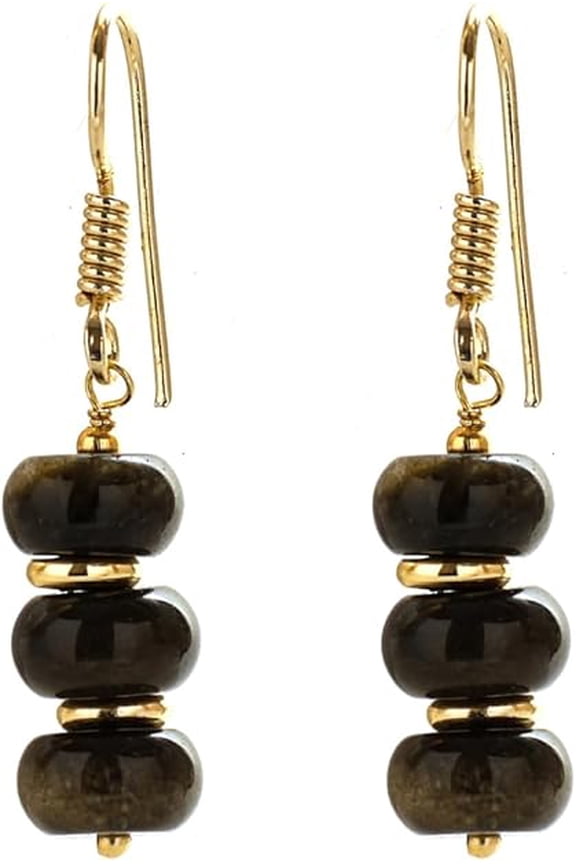 Golden Obsidian Bolo Beads Dangle Earring, 8 mm Orange Crystal Earrings, 14k Gold Plated Handmade Women’s Jewellery