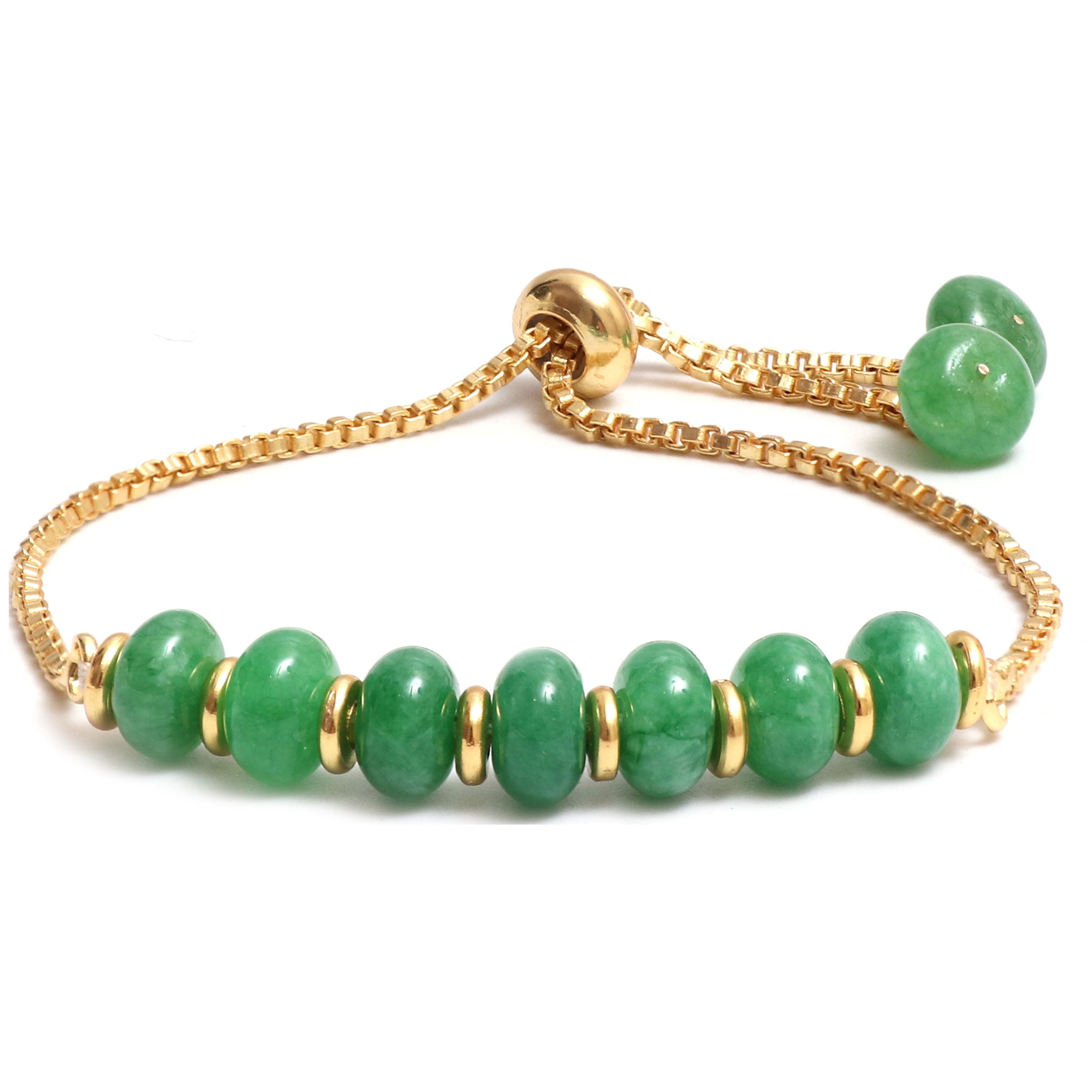 GEMPIRES Green Jade Bolo Beads Bracelet, Adjustable Bracelet for Women with 14K Gold Plating
