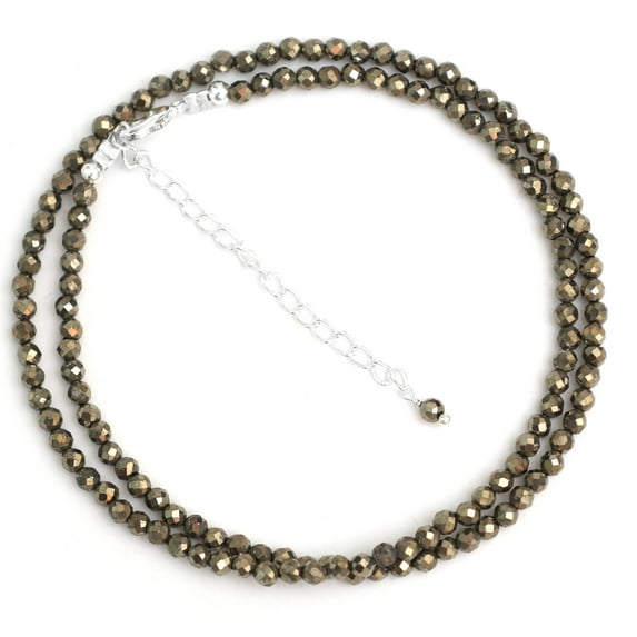 Gempires Natural Pyrite Beaded Choker Necklace, Faceted Beads 3 mm, Birthstone Jewelry, 18 inches Adjustable Silver Plated Chain, Women’s Jewelry