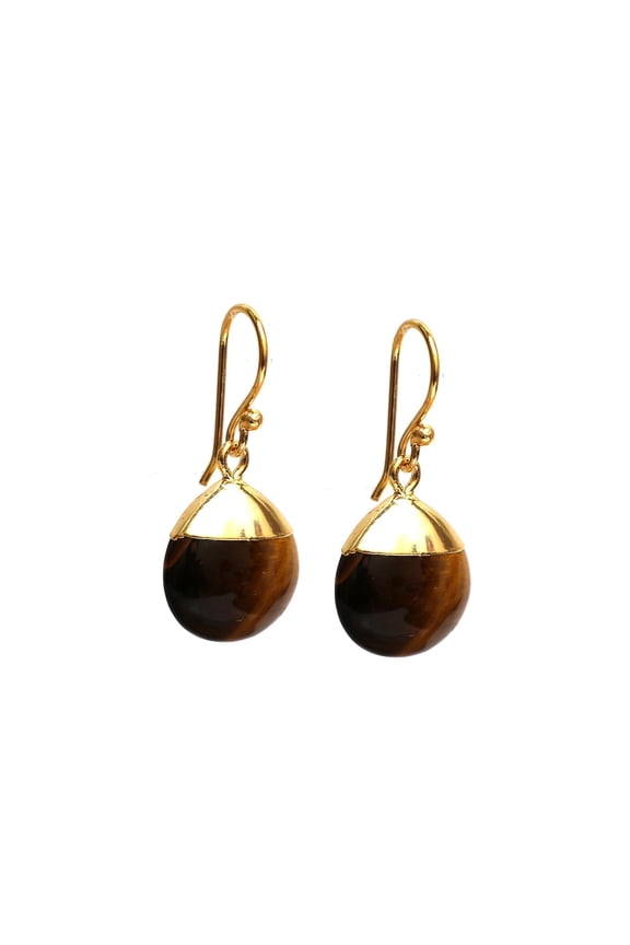 Gempires Natural Tiger Eye Teardrop Dangle Earrings for Women November Birthstone Hypoallergenic Handmade Gemstone Jewelry, Brownish-Golden Crystal Drop with Gold Plated Hooks C113