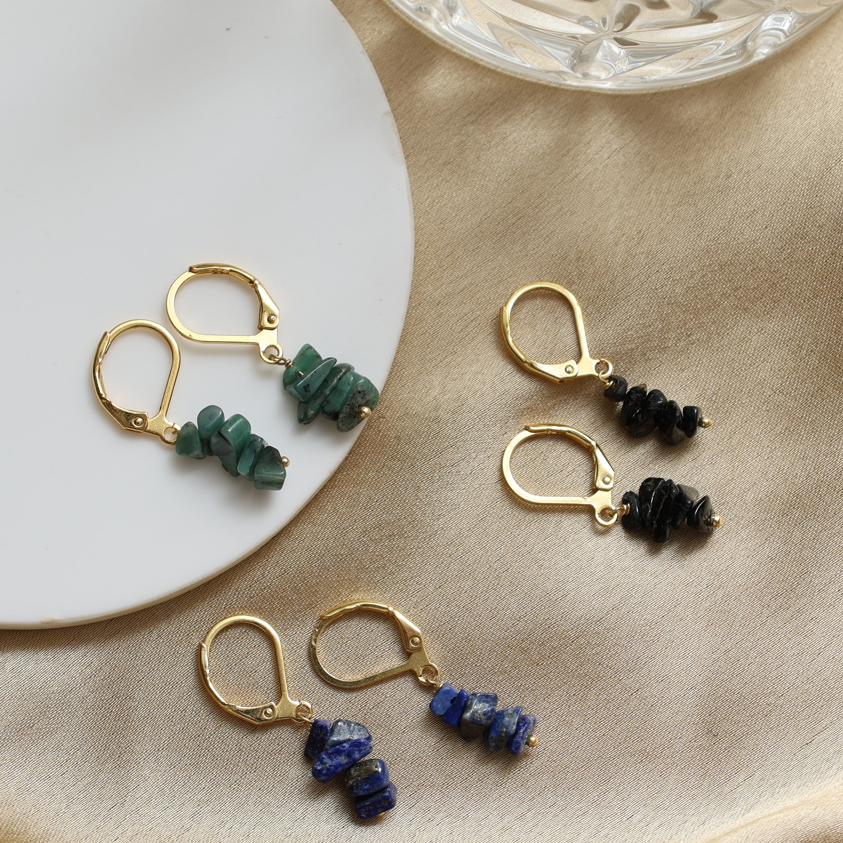 Gempires Pack of 3 Hoop Earrings, Black Tourmaline, Lapis Lazuli, Emerald, 14k Gold Leverback Earrings for Teens