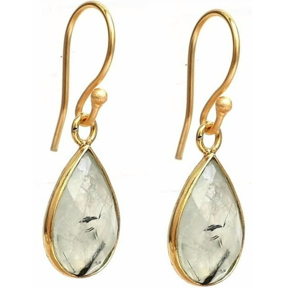 Gempires Prehnite Pear Shaped Teardrop Earrings, Bezel Earring, Natural Gemstone Dangle Drop Earrings for Women