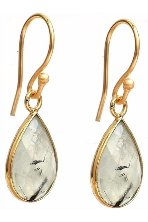 Prehnite Pear Shaped Teardrop Earrings, Bezel Earring, Natural Gemstone Dangle Drop Earrings for Women