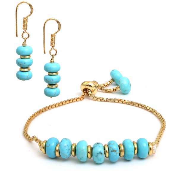 Gempires Turquoise Bolo Bracelet & Earrings Set  for Women, 14k Gold-Plated Gemstone Jewelry Set