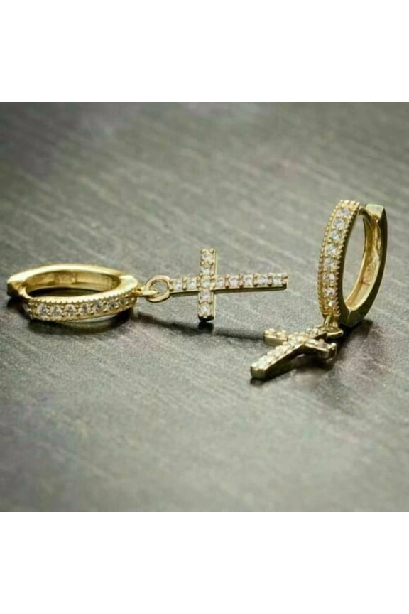 1.10 Ct RoundDiamond Cross Drop Dangle Hoop Earring 14K Yellow Gold Over