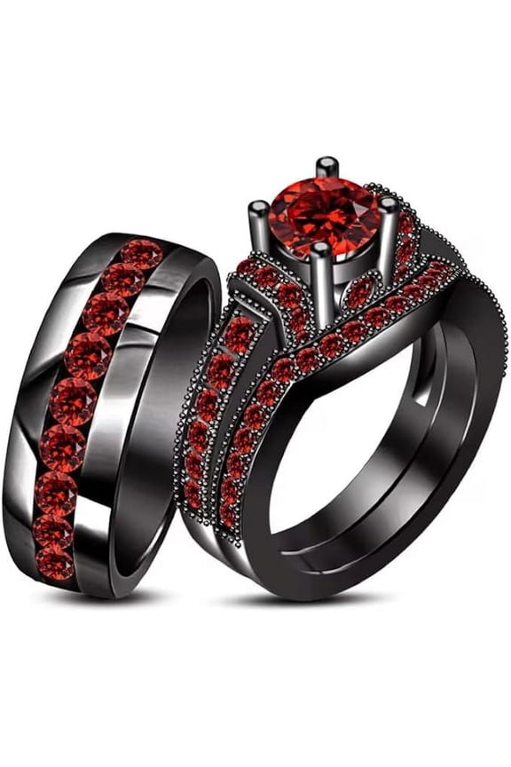 1.20 Ct Round Cut Red Ruby Wedding Engagement Trio Ring Set 14K Black Gold Plated 925 Sterling Silver For Unisex -9.5