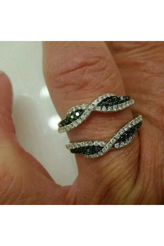 1.30 CT Round Black White Diamond Band Enhancer Guard Wrap Ring 14K White Gold Plated - 7.5