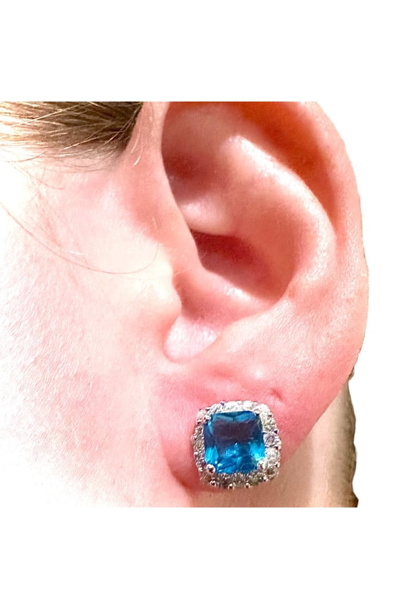 1.45 Ct Princes Cut Blue Topaz Womens Push Back Stud Earrings 14K White Gold Plated 925 Sterling Silver