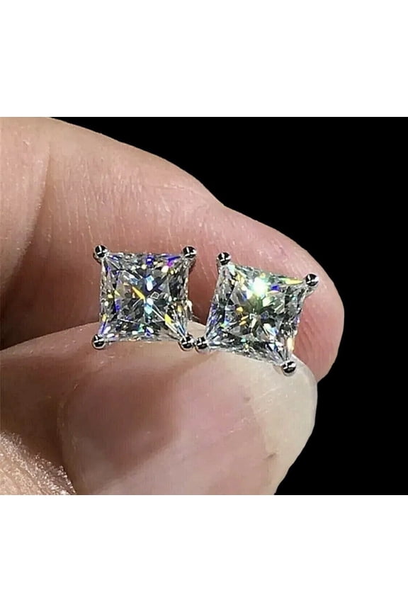 1.45 Ct Princes Cut Diamond Womens Push Back Stud Earrings 14K White Gold Plated 925 Sterling Silver