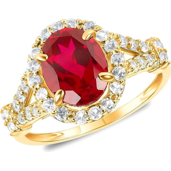 Gems Jewels 1.50 Ct Oval Cut Red Ruby Wedding Engagement Halo Ring 14K Yellow Gold Plated 925 Sterling Silver For Women's -5