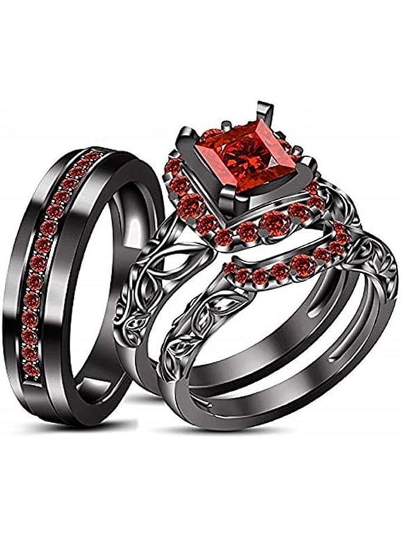 1.50 Ct Princess Cut Red Ruby Wedding Engagement Trio Ring Set 14K Black Gold Plated 925 Sterling Silver For Unisex -8