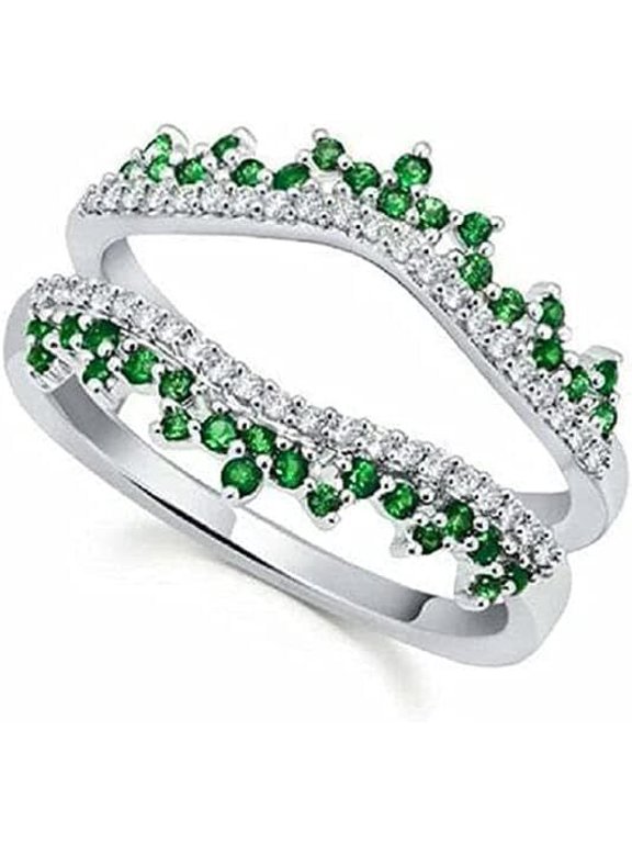 1.6Ctw Green Emerald & Diamond Engagement Wrap Enhancer Ring 14K White Gold Over -8.5