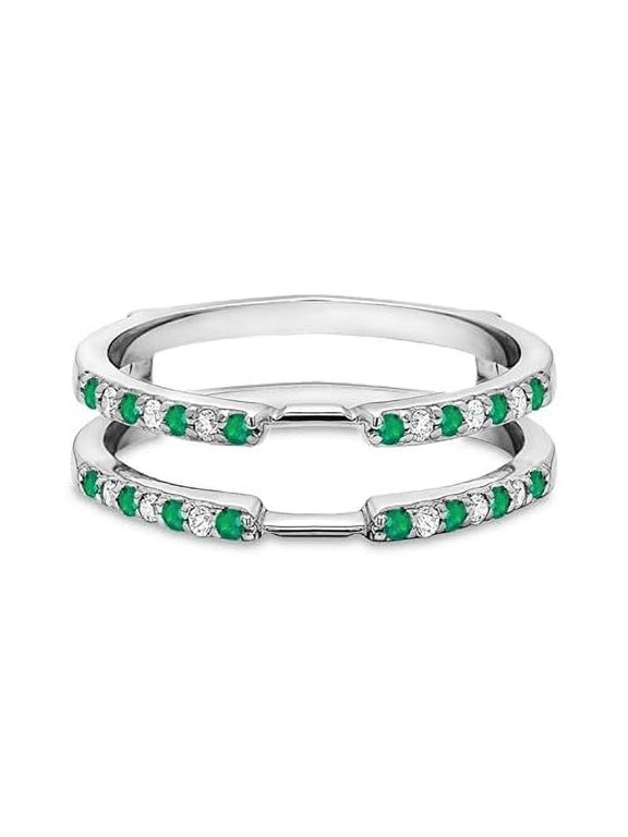 1.72 Ct Round Cut Green Emerald & Diamond Engagement Thanksgiving Christmas Enhancer Wrap Guard Ring 925 Sterling Silver 14K White Gold Plated For Women's -9