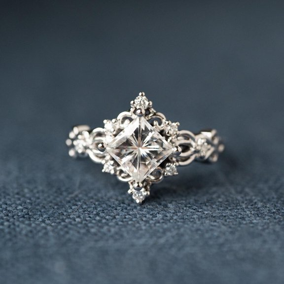 Gems Jewels 1 Ct Princess Cut White Diamond Wedding Engagement 14K White Gold Plated 925 Sterling Silver For Women's -7.5