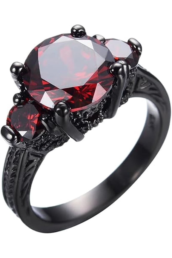 14K Black Gold Plated 2.30 Ct Round Cut Red Ruby Christmas Wedding Engagement Thanksgiving Halo Ring 925 Sterling Silver For Women's -7.5