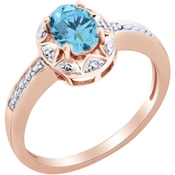 Gems Jewels 14K Rose Gold Plated 2.00 Ct Oval Cut Aquamarine Christmas Wedding Engagement Thanksgiving Halo Ring 925 Sterling Silver For Women's -8