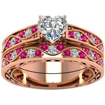 Gems Jewels 14K Rose Gold Plated 2 Ct Heart Cut White Diamond & Ruby Wedding Engagement Thanksgiving Bridal Ring Set For Women's 925 Sterling Silver -6