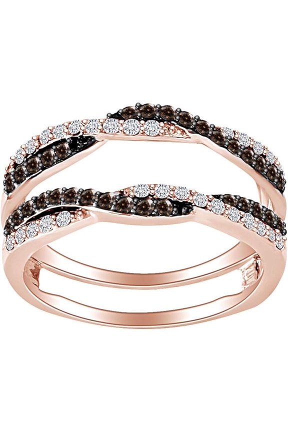 14K Rose Gold Plated Silver 1 Ctw Round Cut Brown And White Diamond Engagement Wrap Enhancer Ring-4