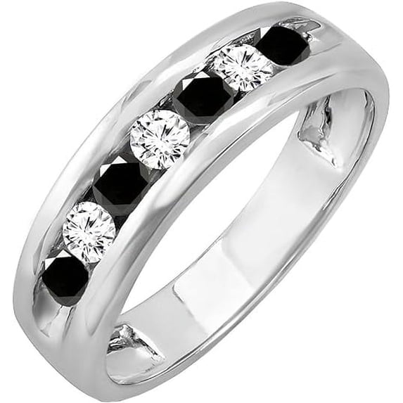 Gems Jewels 14K White Gold Finish 1.28 Ct Round Cut Black & White Diamond Wedding Engagement Half Band Ring 925 Sterling Silver For Men's -4