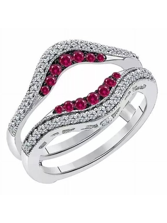 14K White Gold Plated 2.25 Ct Round Cut Red Ruby Wedding Engagement Enhancer Guard Wrap Ring 925 Sterling Silver For Women's -5
