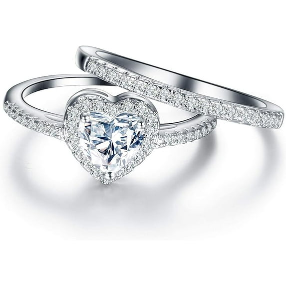 Gems Jewels 14K White Gold Plated 2 Ct Heart Cut White Diamond Wedding Engagement Bridal Ring Set For Women's 925 Sterling Silver -6.5