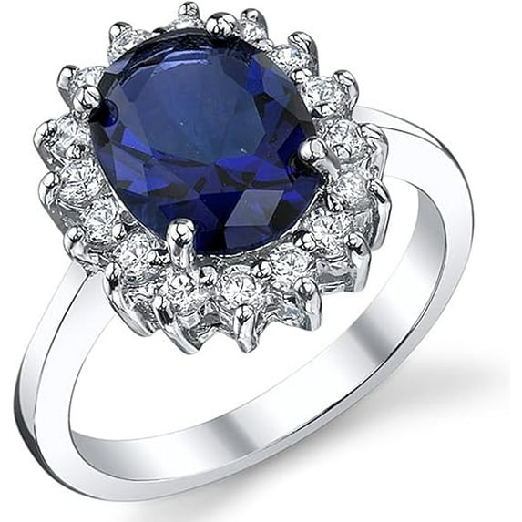 Gems Jewels 14K White Gold Plated 2 Ct Oval Cut Sapphire Halo Christmas Wedding Engagement Thanksgiving Ring 925 Sterling Silver For Women's -5.5