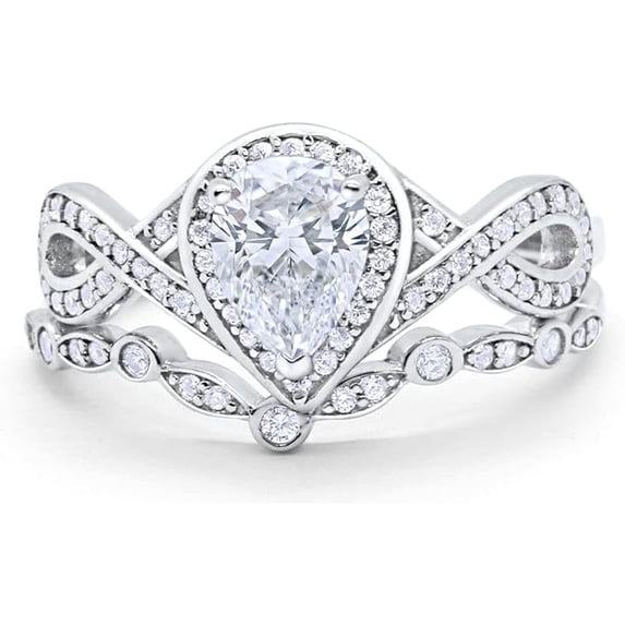 Gems Jewels 14K White Gold Plated 925 Sterling Silver 2.50 Ct Pear Cut White Diamond Wedding Engagement Thanksgiving Christmas Bridal Ring Set For Women's -5.5