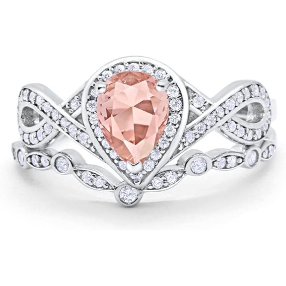 Gems Jewels 14K White Gold Plated 925 Sterling Silver 2.50 Ct Pear Cut Morganite Wedding Engagement Thanksgiving Christmas Bridal Ring Set For Women's -5.5