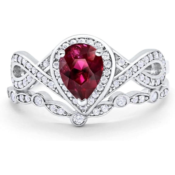 Gems Jewels 14K White Gold Plated 925 Sterling Silver 2.50 Ct Pear Cut Red Ruby Wedding Engagement Thanksgiving Christmas Bridal Ring Set For Women's -4.5