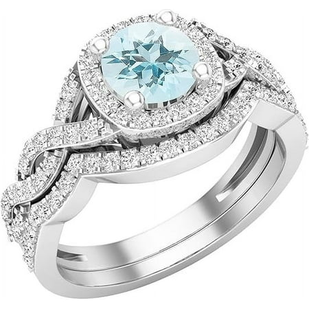 Gems Jewels 14K White Gold Plated 925 Sterling Silver 2.50 Ct Round Cut Aquamarine Engagement Wedding Christmas Thanksgiving Bridal Ring Set For Women's -5