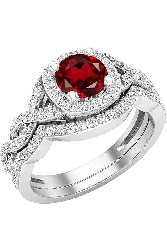 14K White Gold Plated 925 Sterling Silver 2.50 Ct Round Cut Red Garnet Engagement Wedding Christmas Thanksgiving Bridal Ring Set For Women's -5