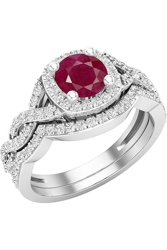 14K White Gold Plated 925 Sterling Silver 2.50 Ct Round Cut Red Ruby Engagement Wedding Christmas Thanksgiving Bridal Ring Set For Women's -6