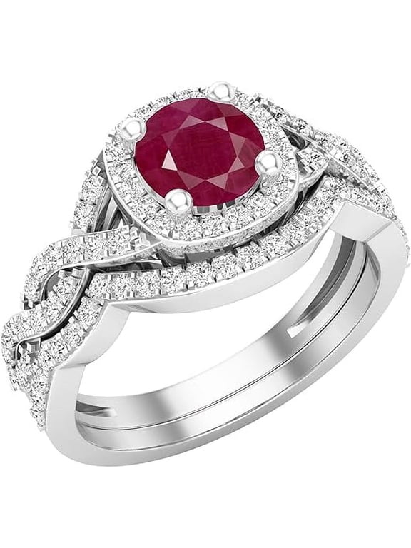 14K White Gold Plated 925 Sterling Silver 2.50 Ct Round Cut Red Ruby Engagement Wedding Christmas Thanksgiving Bridal Ring Set For Women's -9