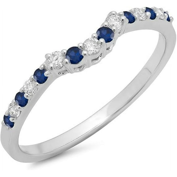 Gems Jewels 14K White Gold Plated Round Blue Sapphire And Diamond Ladies Anniversary Wedding Stackable Band Guard Ring-10