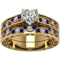 Gems Jewels 14K Yellow Gold Plated 2 Ct Heart Cut White Diamond & sapphire Wedding Engagement Thanksgiving Bridal Ring Set For Women's 925 Sterling Silver -4.5
