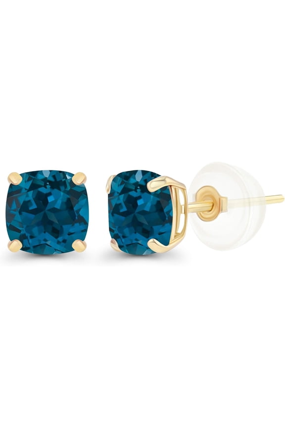 2.00 Ctw Cushion Cut London Blue Topaz Women Stud Earrings 14K Yellow Gold Finish