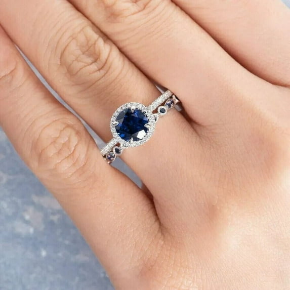 Gems Jewels 2.00 Ctw Round Cut Sapphire & Diamond Wedding Anniversary Engagement Bridal Set Ring 14K White Gold Plated 925 Sterling Silver 925 Sterling Silver -9