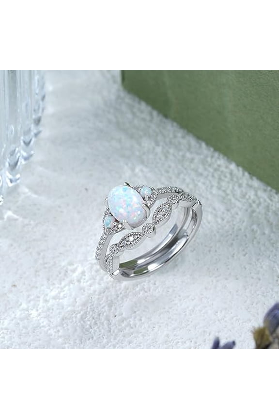 2.20 Ct Oval Cut Fire Opal Womens Engagement Bridal Ring Set 14K White Gold Plated 925 Sterling Silver -9