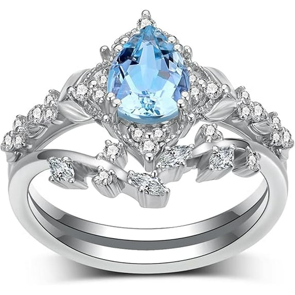 Gems Jewels 2.20 Ct Pear Cut Aquamarine Womens Engagement Bridal Ring Set 14K White Gold Plated 925 Sterling Silver -6