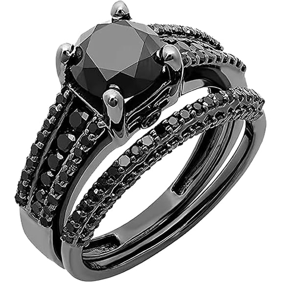 Gems Jewels 2.40 Ct Round Cut Black Diamond Christmas Wedding Engagement Thanksgiving Bridal Ring Set For Women's 925 Sterling Silver 14K Black Gold Plated -4.5