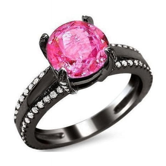 Gems & Jewels 2.40 Ct Round Cut Pink Sapphire Wedding Engagement Thanksgiving Christmas Halo Ring 14K Black Gold Plated 925 Sterling Silver For Women's -10