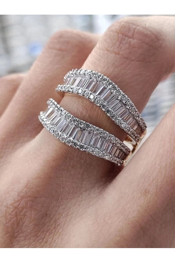 2.40 Ctw Round Cut White Diamond Wedding Anniversary Curved Chevron Enhancer Guard Band Ring 14K White Gold Plated 925 Sterling Silver 925 Sterling Silver -4