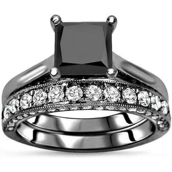 Gems Jewels 2.50 Ct Princess Cut Black Diamond Wedding Engagement Thanksgiving Christmas Bridal Ring Set 14K Black Gold Plated 925 Sterling Silver For Women's -8.5