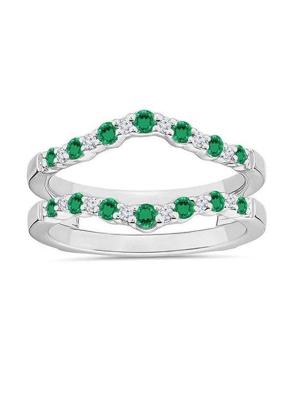 2.50 Ct Round Cut Emerald Wedding Engagement Wrap Ring 14K White Gold Plated 925 Sterling Silver For Women's -7.5