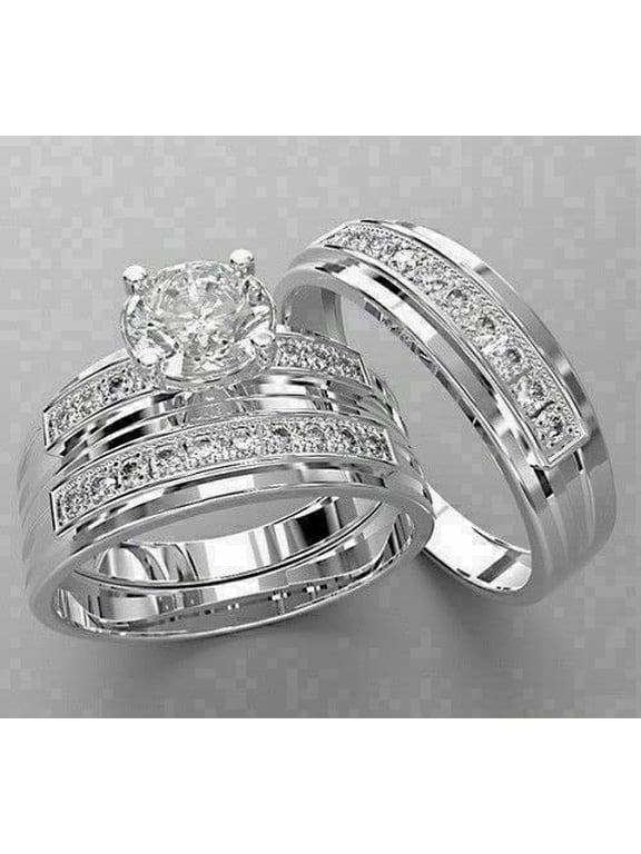 2.90 Ct Round Cut Diamond Wedding Engagement Trio Ring Set 14K White Gold Plated 925 Sterling Silver For Women's -6.5