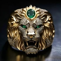 Gems Jewels 2 Ct Round Cut Diamond & Emerald Wedding Engagement Lion Ring 14K Yellow Gold Plated 925 Sterling Silver For Men's -4